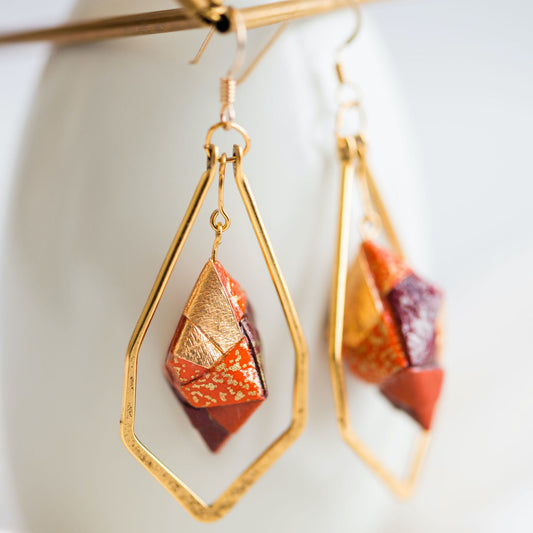 Framed Origami Diamond Paper Earrings - Gold Frame with Orange Gold Red Maroon - By LeeMo Designs in Bend, Oregon