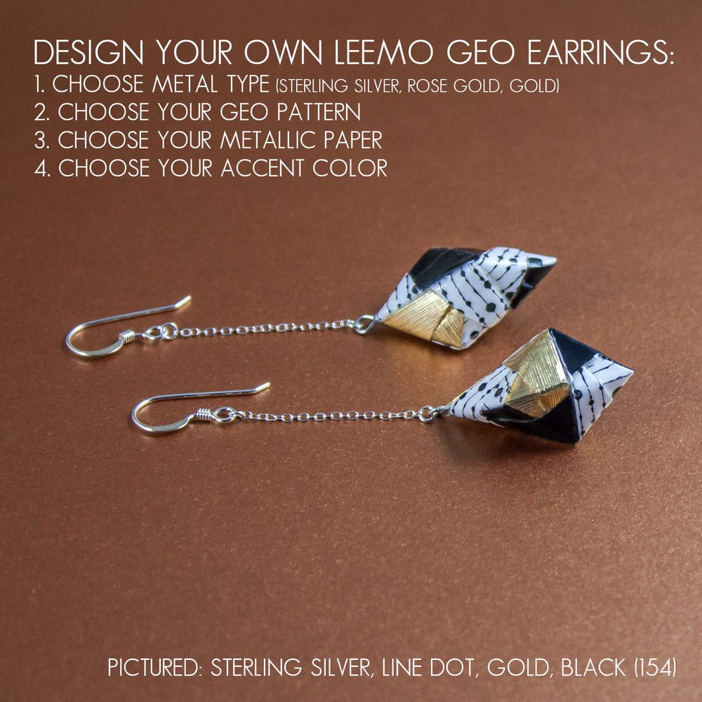 Origami Diamond Paper Earrings - Line Dot Gold Black - By LeeMo Designs in Bend, Oregon