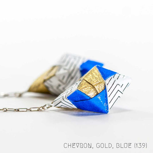Origami Diamond Paper Earrings - Chevron Gold Blue - By LeeMo Designs in Bend, Oregon