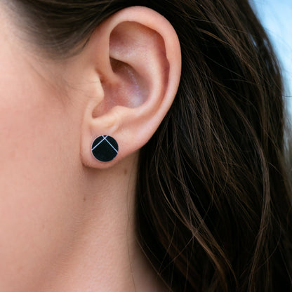 Laser Cut Geometric Earrings - Black Acrylic GeoStud Circles - by LeeMo Designs in Bend, Oregon
