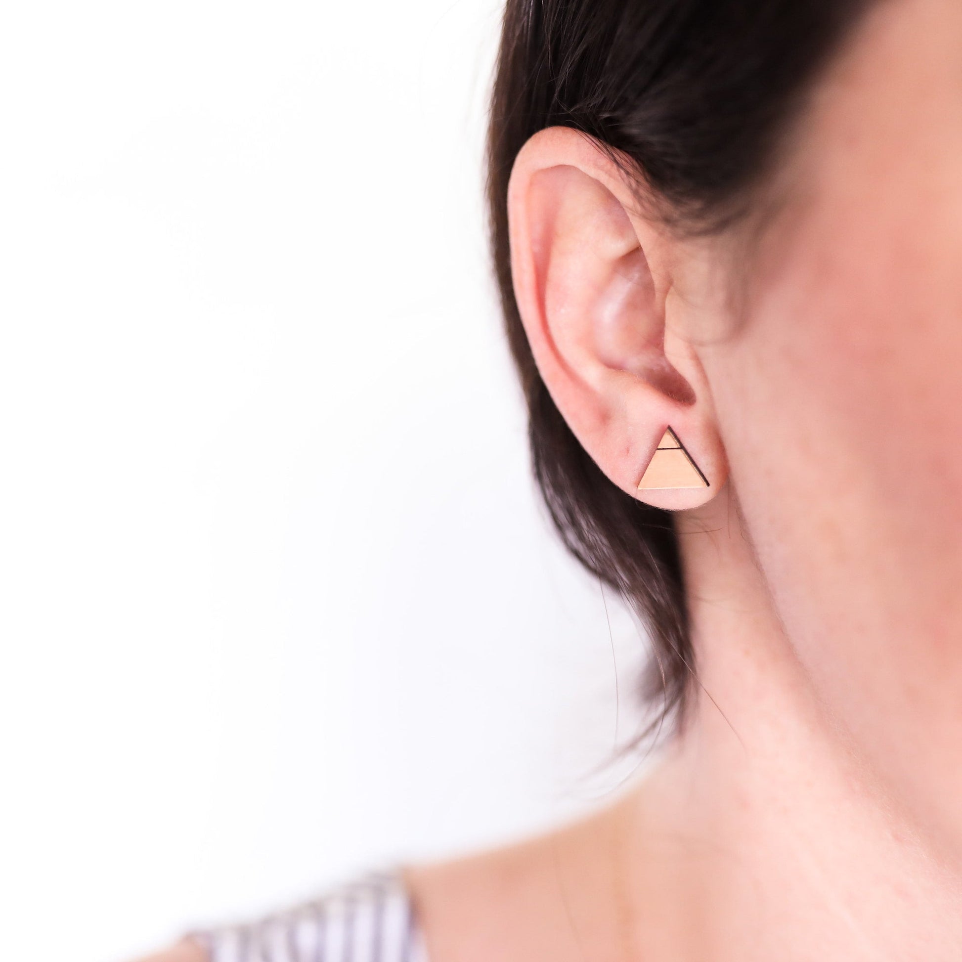 Laser Cut Geometric Earrings - Copper Acrylic GeoStud Triangles - by LeeMo Designs in Bend, Oregon