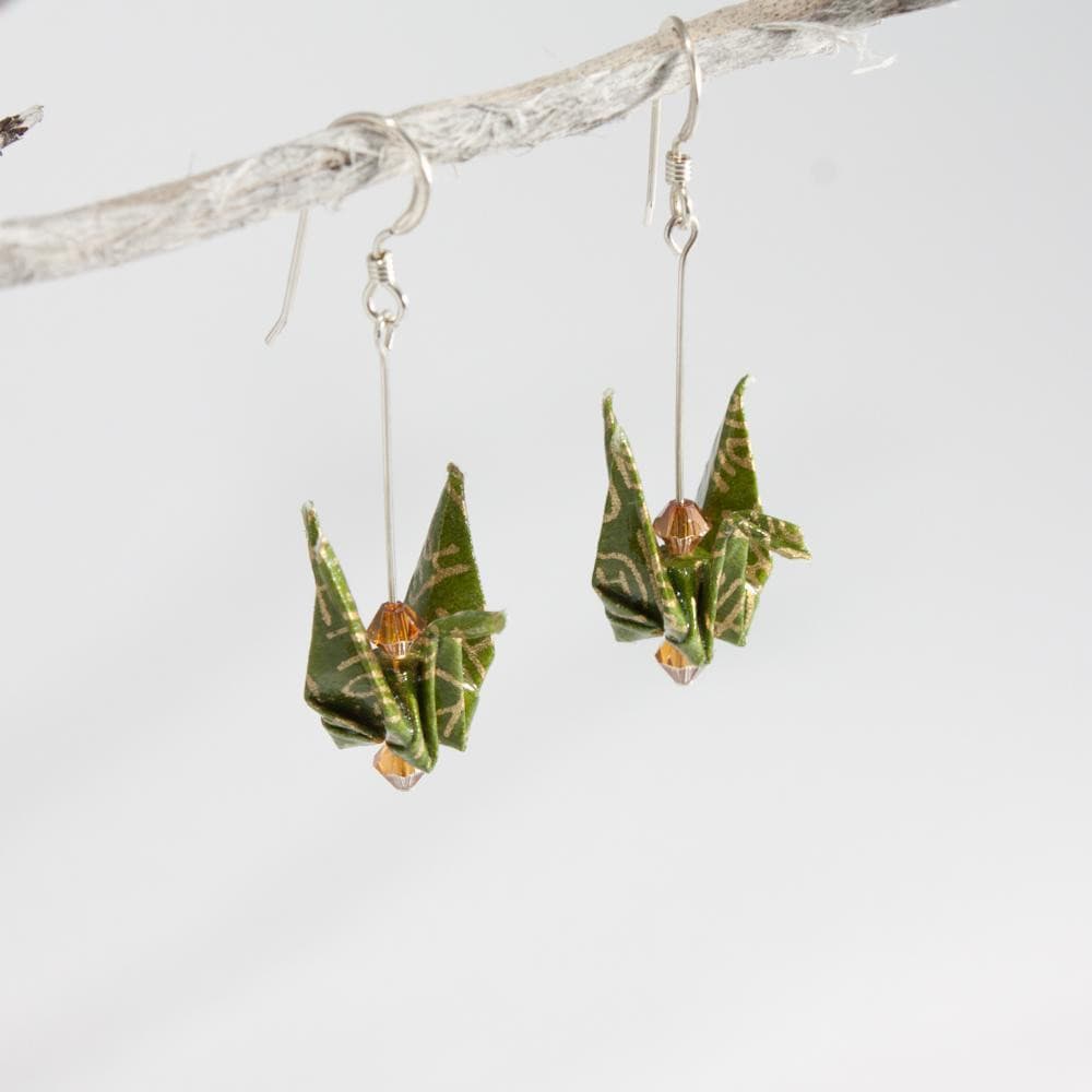 Paper Crane Earrings - Green - by LeeMo Designs in Bend, Oregon