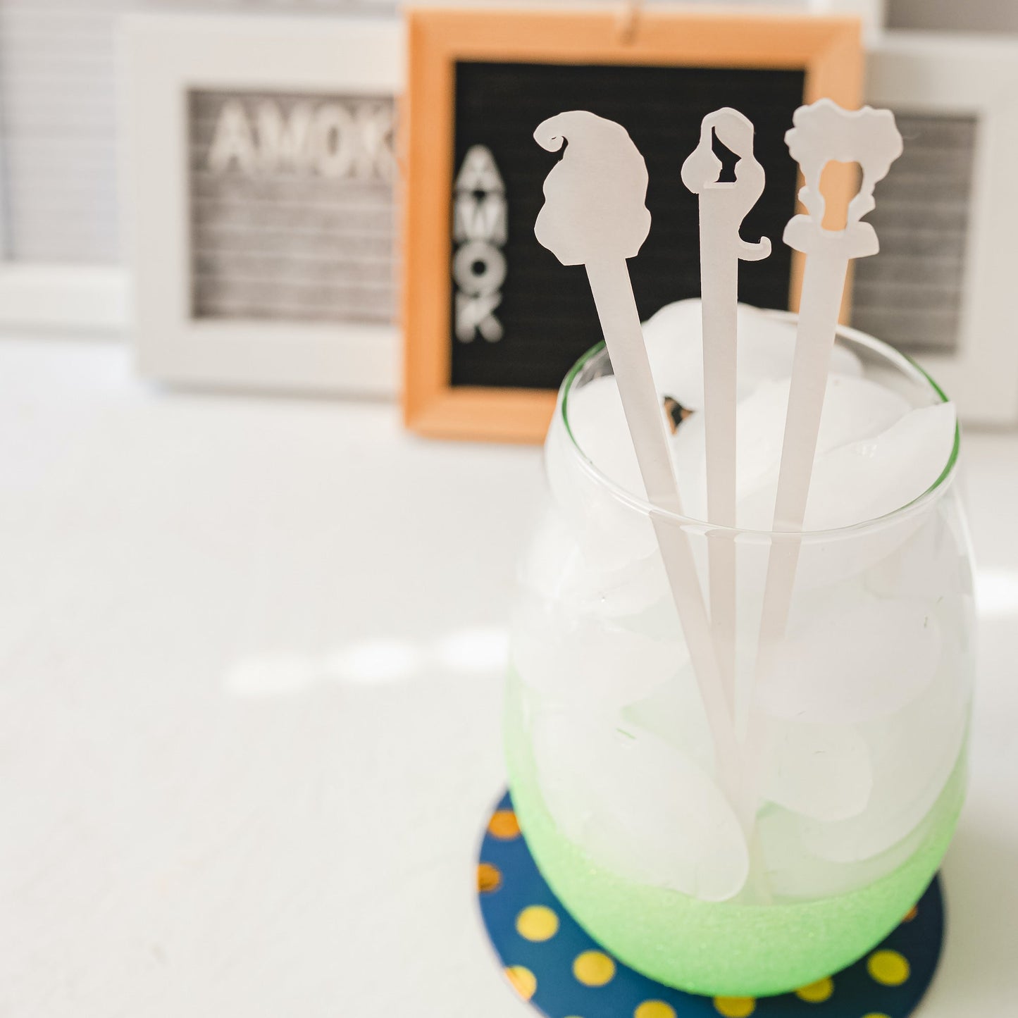 Hocus Pocus Halloween Stir Sticks laser cut from food-safe acrylic plastic by LeeMo Designs in Bend, Oregon