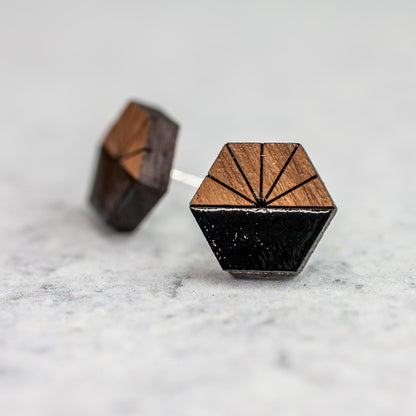 Wooden Laser Cut Earrings - Walnut with Black Horizon Hexagon - by LeeMo Designs in Bend, Oregon