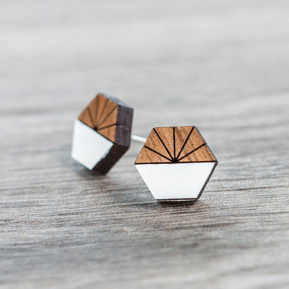Wooden Laser Cut Earrings - Walnut with White Horizon Hexagon - by LeeMo Designs in Bend, Oregon