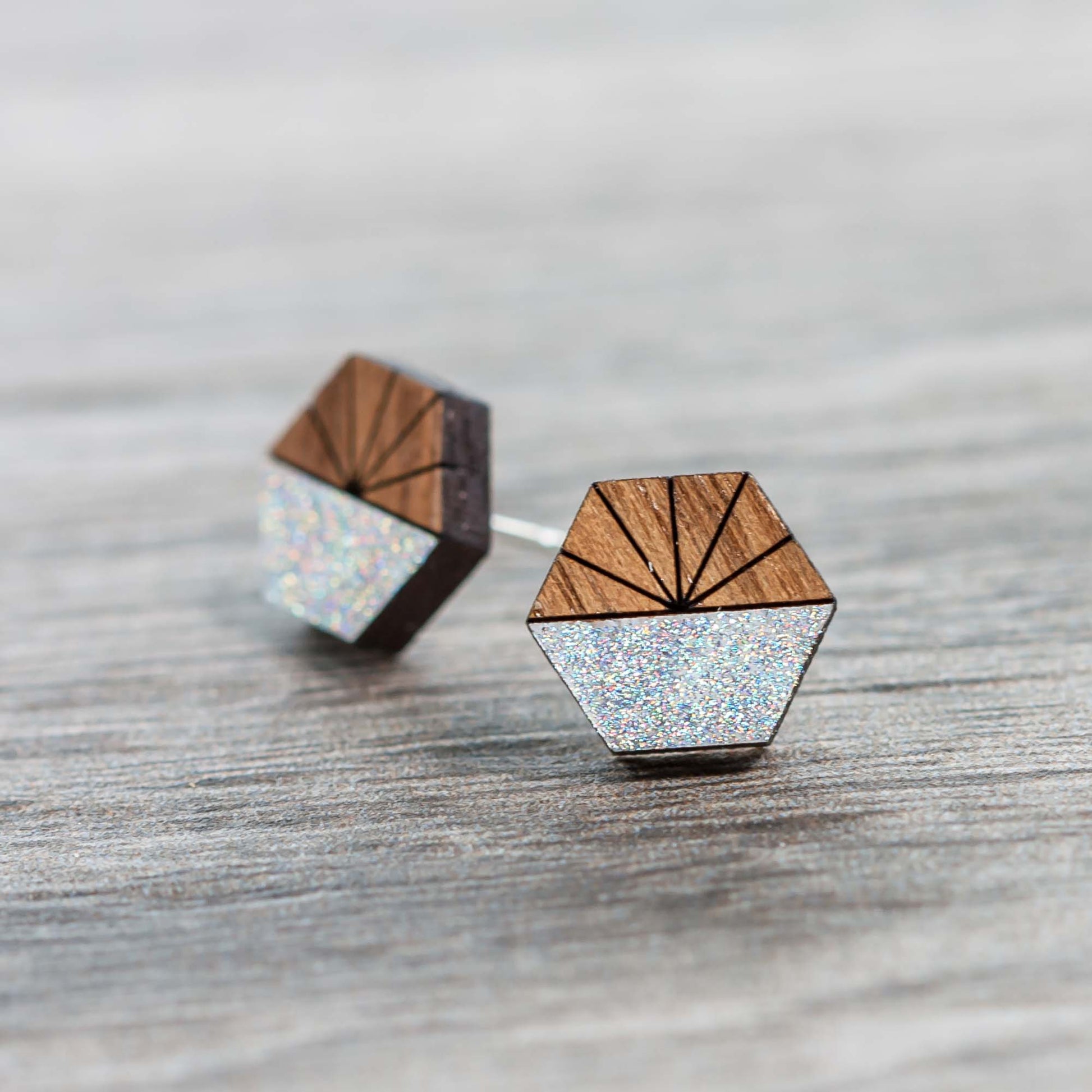Wooden Laser Cut Earrings - Walnut with Silver Horizon Hexagon - by LeeMo Designs in Bend, Oregon