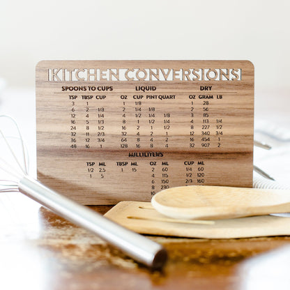 kitchen conversions chart - laser cut and laser engraved walnut wood - by LeeMo Designs in Bend, Oregon