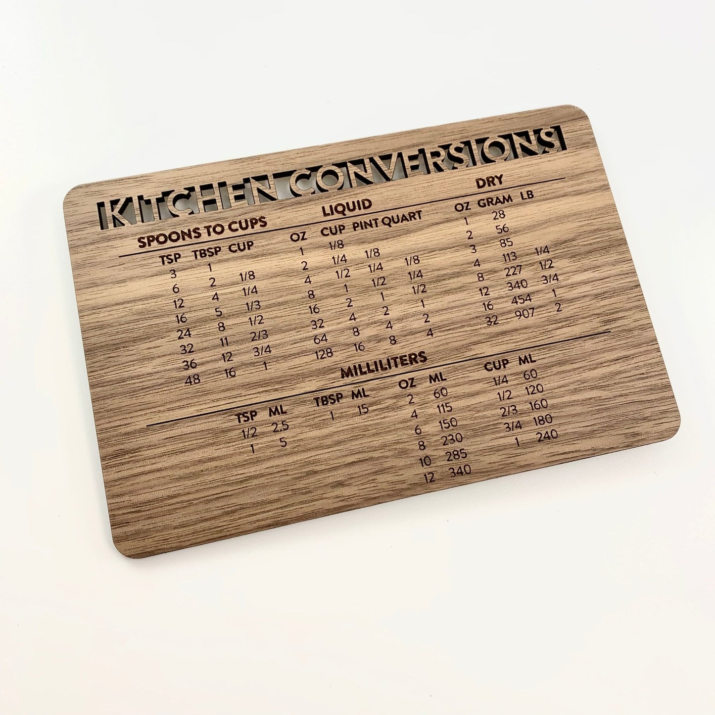 kitchen conversions chart - laser cut and laser engraved walnut wood - by LeeMo Designs in Bend, Oregon