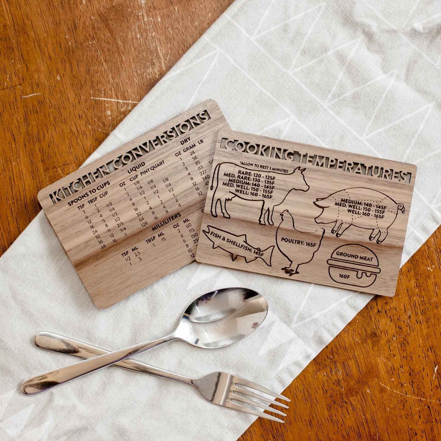 kitchen conversions chart - laser cut and laser engraved walnut wood - by LeeMo Designs in Bend, Oregon