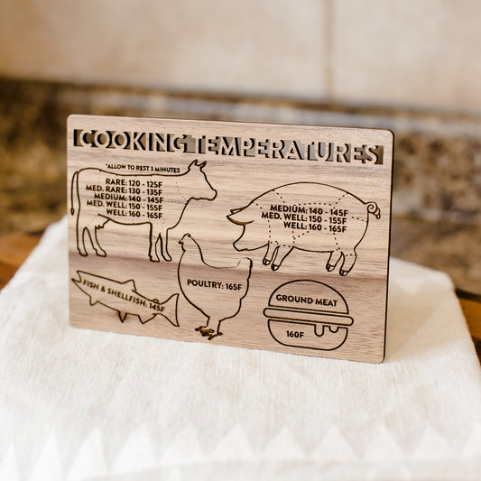 Meat Cooking Temperatures Magnet - laser cut and laser engraved walnut wood - by LeeMo Designs in Bend, Oregon