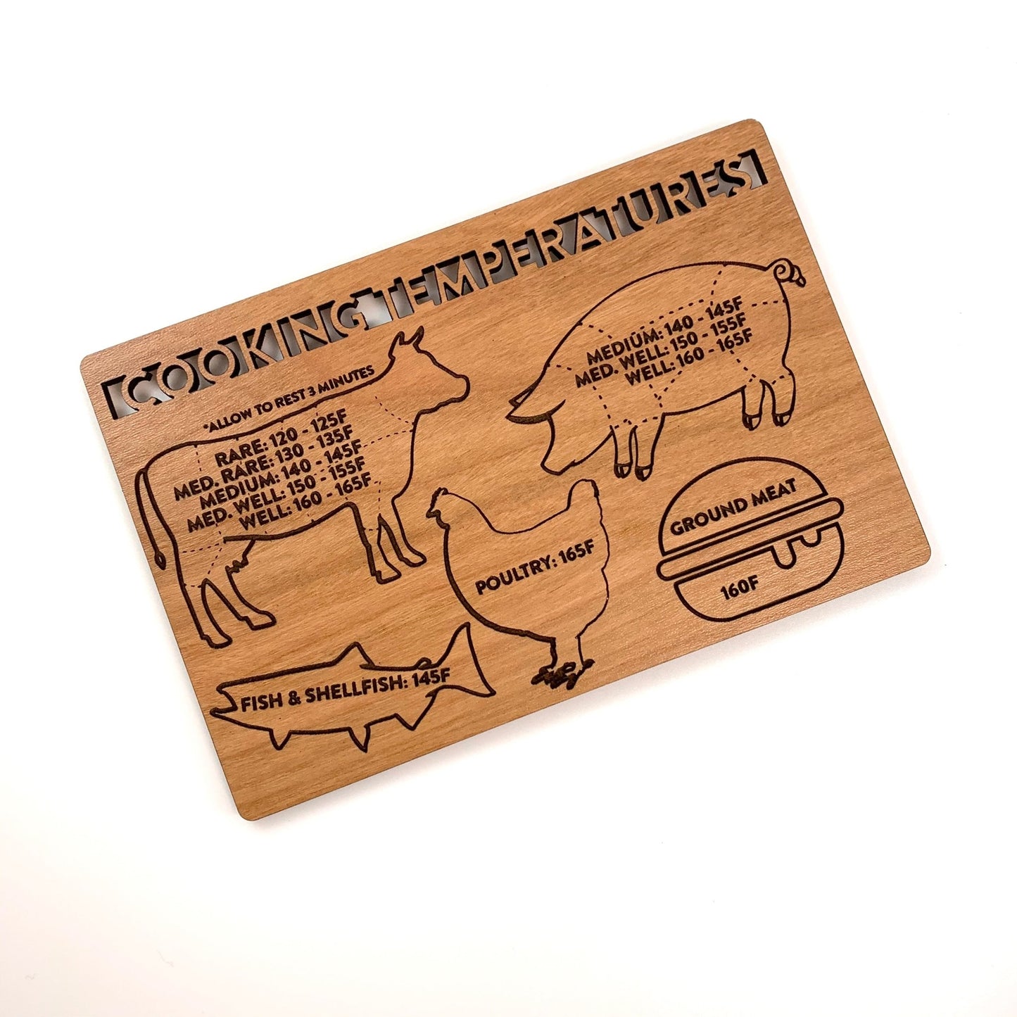 Meat Cooking Temperatures Magnet - laser cut and laser engraved cherry wood - by LeeMo Designs in Bend, Oregon