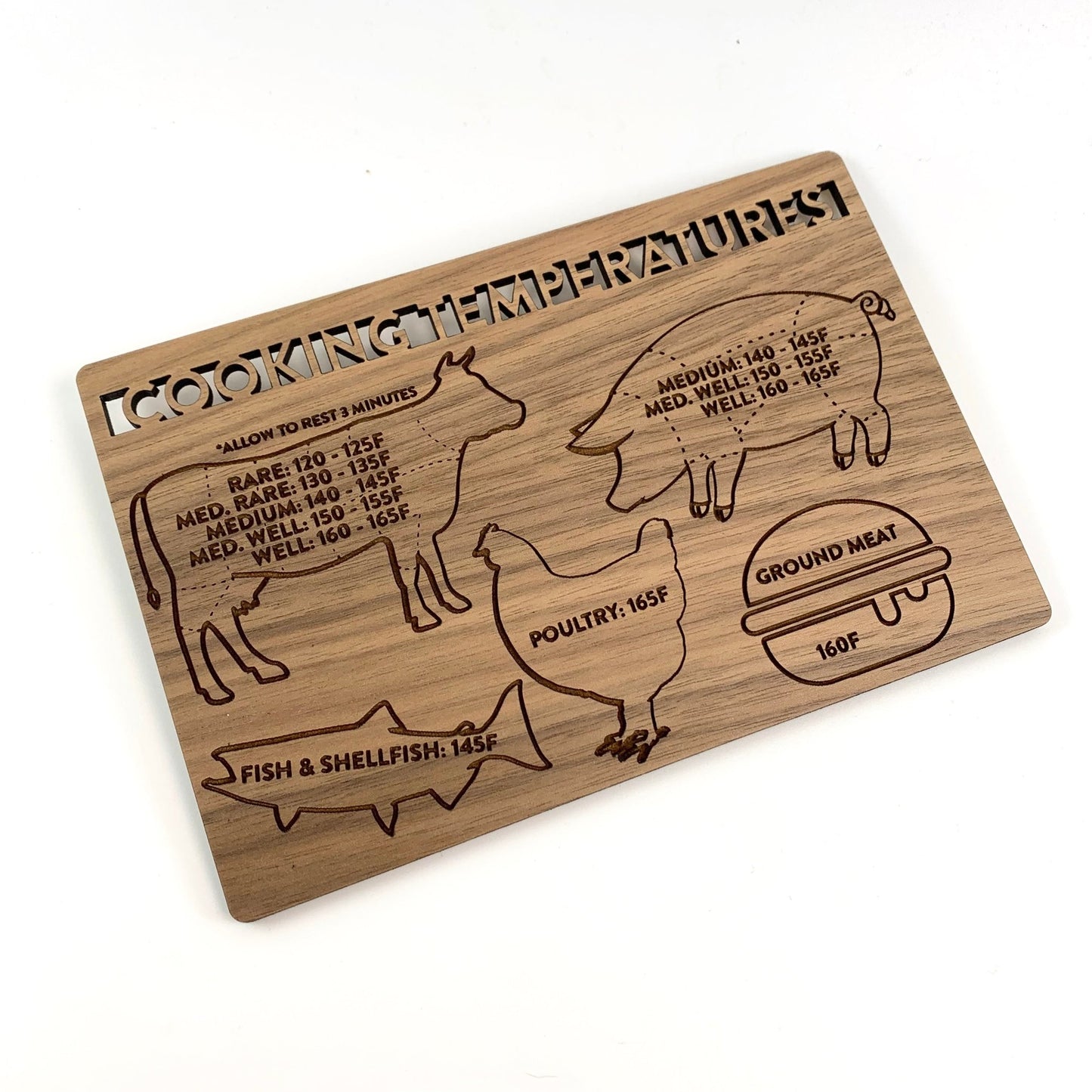 Meat Cooking Temperatures Magnet - laser cut and laser engraved walnut wood - by LeeMo Designs in Bend, Oregon