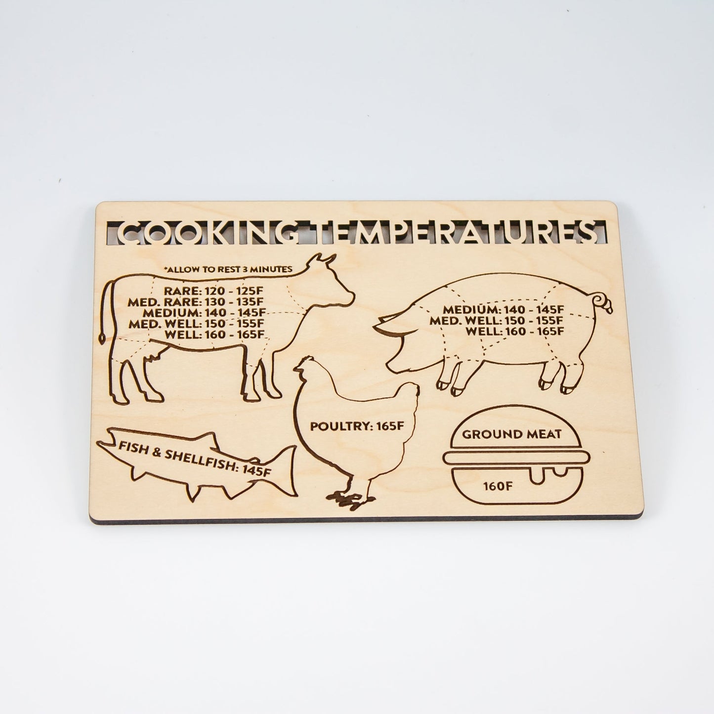 Meat Cooking Temperatures Magnet - laser cut and laser engraved maple wood - by LeeMo Designs in Bend, Oregon