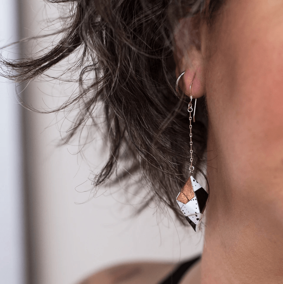 Origami Diamond Paper Earrings - Circle Dot Copper Black - By LeeMo Designs in Bend, Oregon