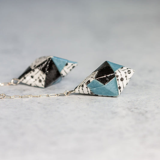 Origami Diamond Paper Earrings - Line Dot Black Gray - By LeeMo Designs in Bend, Oregon