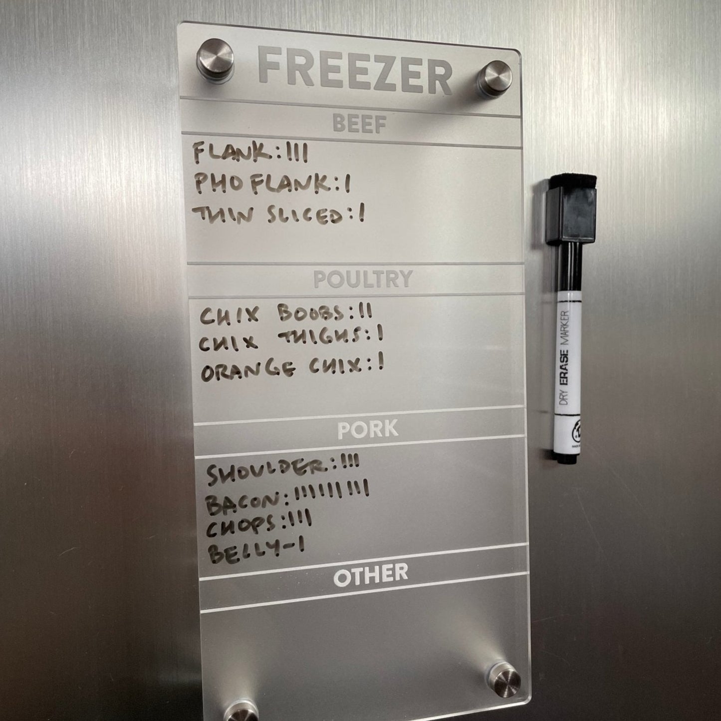 Dry-Erase Magnetic Board - Freezer Inventory Sheet - laser cut and laser engraved frosted acrylic by LeeMo Designs in Bend, Oregon