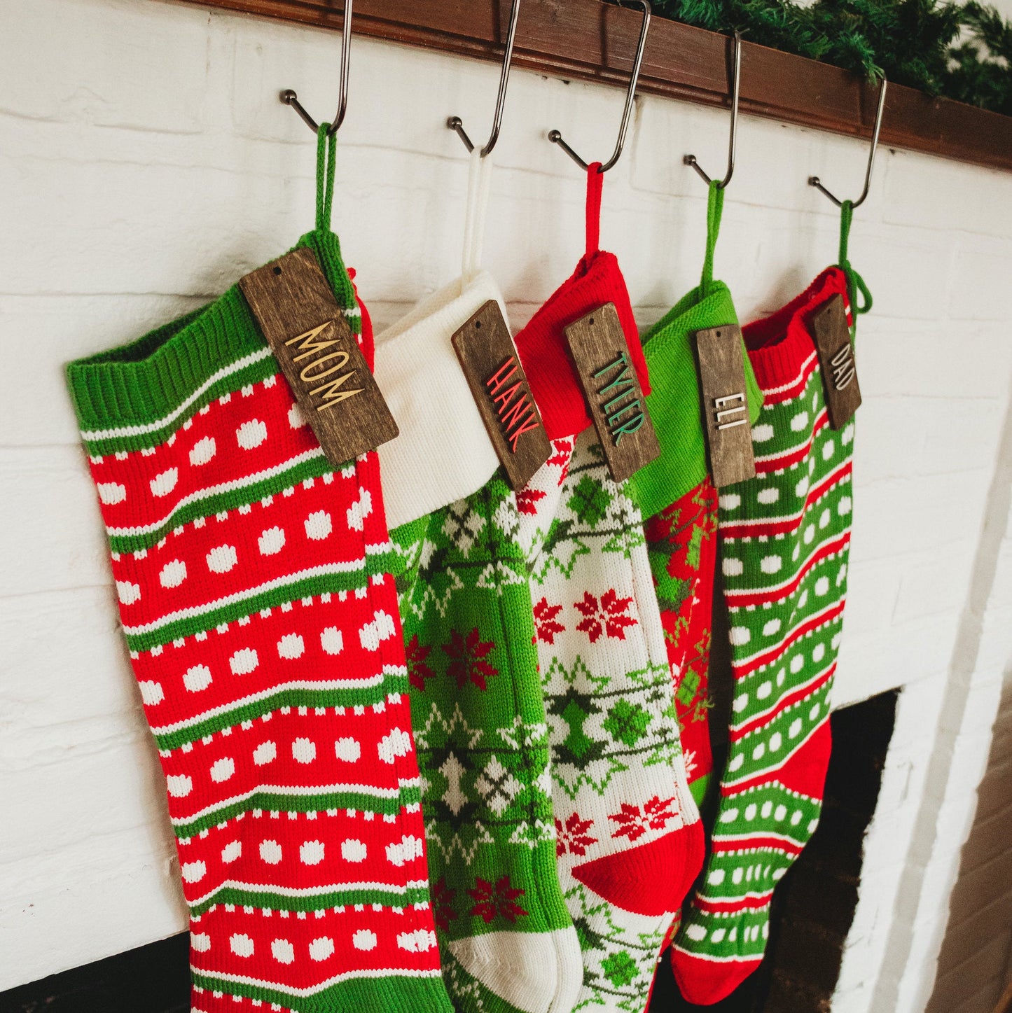 Personalized Wooden Stocking Tags, Modern Font - Dark Stained Laser Cut Wood with White, red, green, silver, gold lettering - by LeeMo Designs in Bend, Oregon