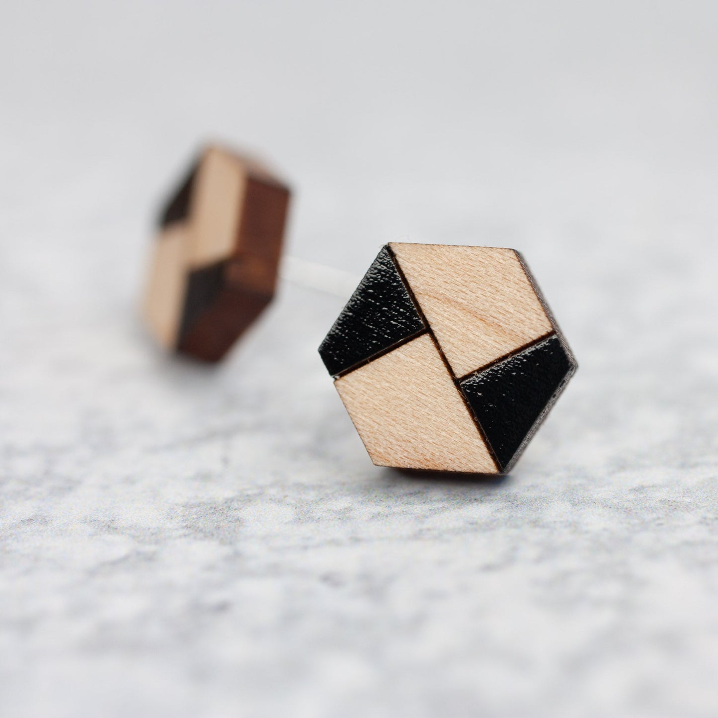 Wooden Laser Cut Earrings - Maple with Black Mondrian Hexagon - by LeeMo Designs in Bend, Oregon