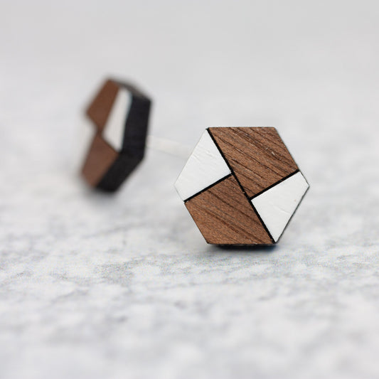 Wooden Laser Cut Earrings - Walnut with White Mondrian Hexagon - by LeeMo Designs in Bend, Oregon