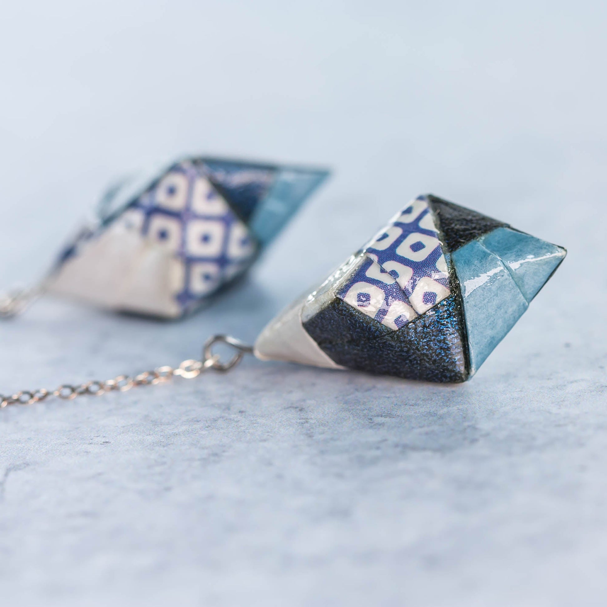 Origami Diamond Paper Earrings - Blue White - By LeeMo Designs in Bend, Oregon