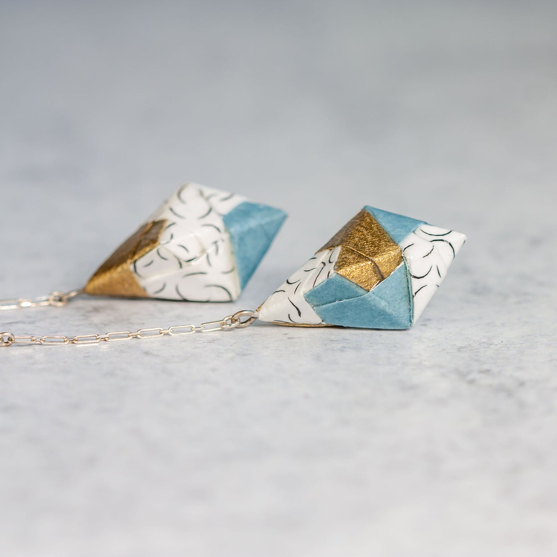 Origami Diamond Paper Earrings - Moons Gold Gray - By LeeMo Designs in Bend, Oregon