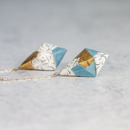 Origami Diamond Paper Earrings - Moons Gold Gray - By LeeMo Designs in Bend, Oregon