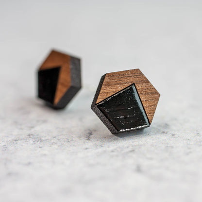 Wooden Laser Cut Earrings - Walnut with Black Mountain Hexagon - by LeeMo Designs in Bend, Oregon