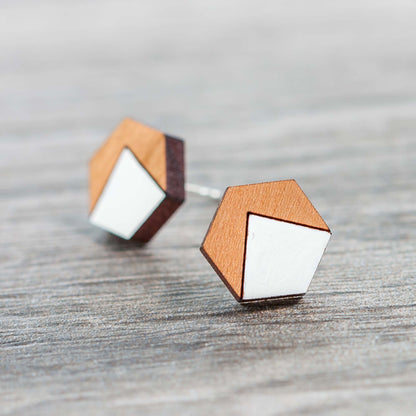 Wooden Laser Cut Earrings - Cherry with White Mountain Hexagon - by LeeMo Designs in Bend, Oregon