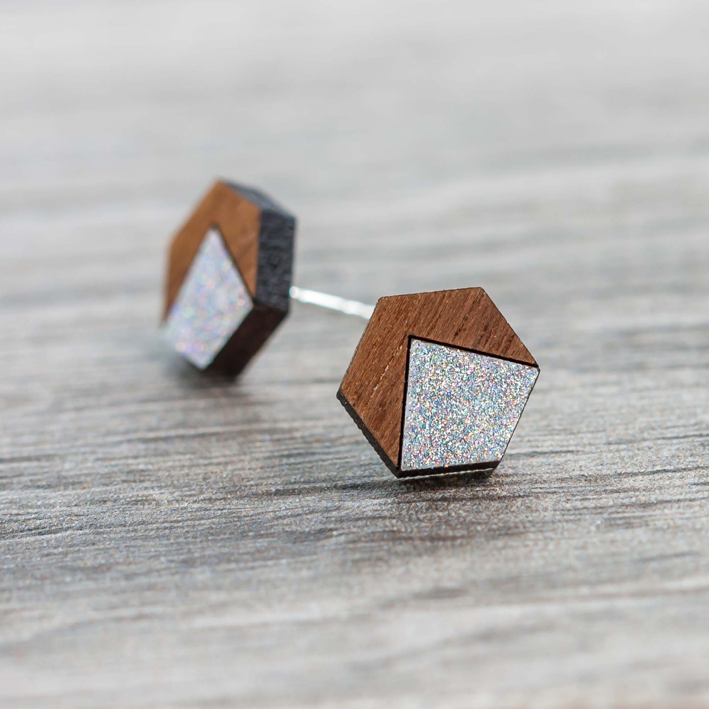 Wooden Laser Cut Earrings - Walnut with Silver Mountain Hexagon - by LeeMo Designs in Bend, Oregon