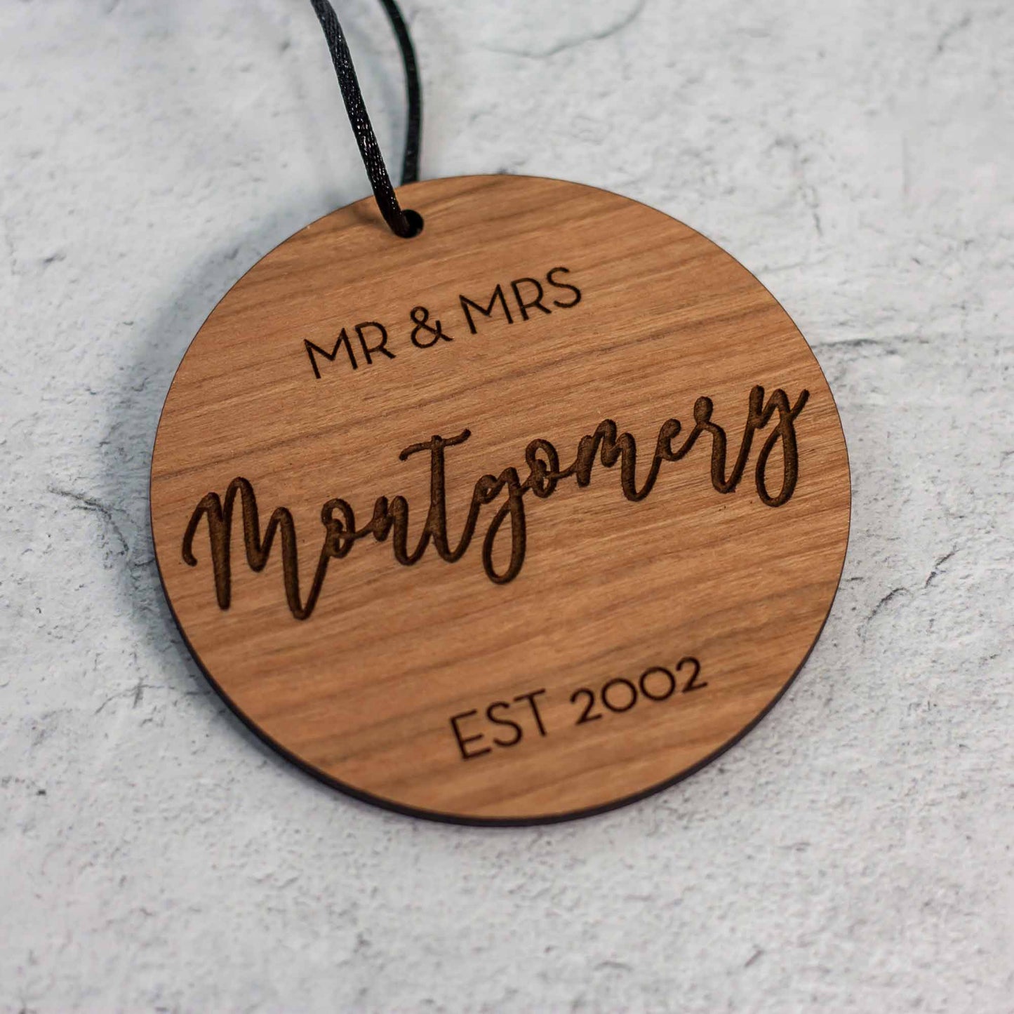 Custom Wood Ornaments - Mr and Mrs Laser Cut and Laser Engraved in Cherry Wood by LeeMo Designs in Bend, Oregon