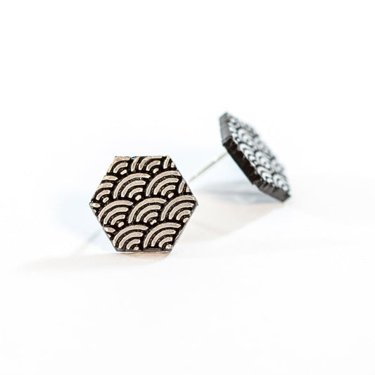 Laser Cut Geometric Earrings - Silver Acrylic Nami Hexagon - by LeeMo Designs in Bend, Oregon