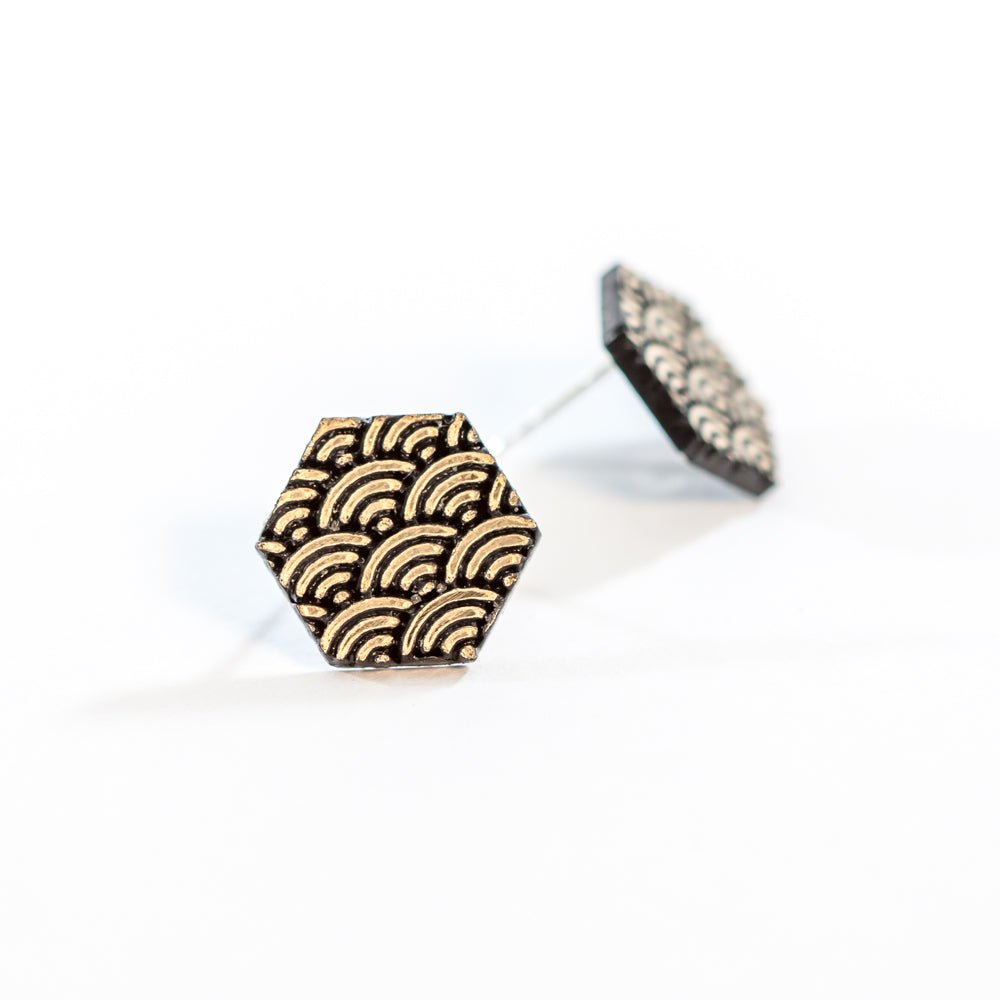 Laser Cut Geometric Earrings - Gold Acrylic Nami Hexagon - by LeeMo Designs in Bend, Oregon