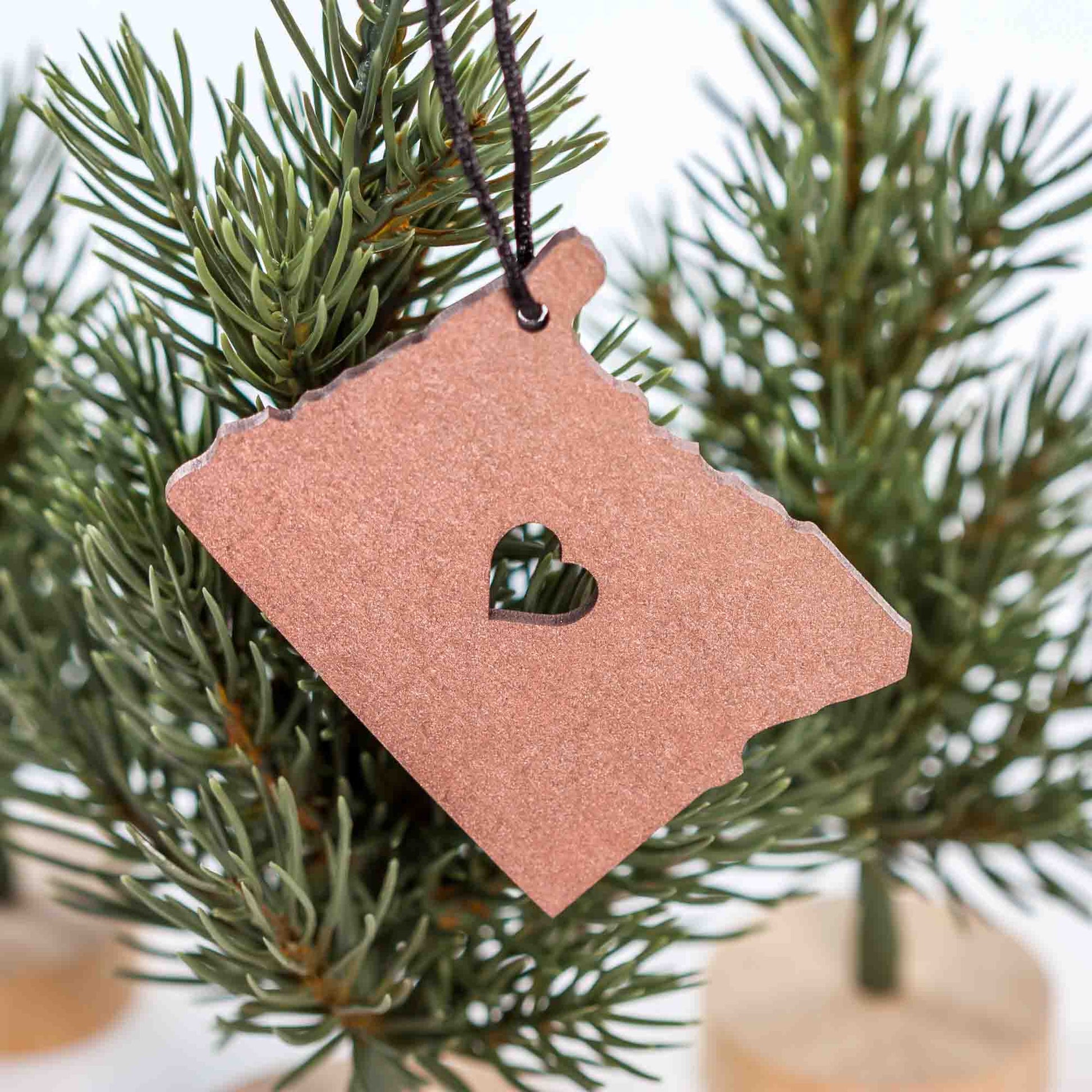 State Christmas Ornaments: Oregon Love in Metallic Rose Gold by LeeMo Designs in Bend, Oregon