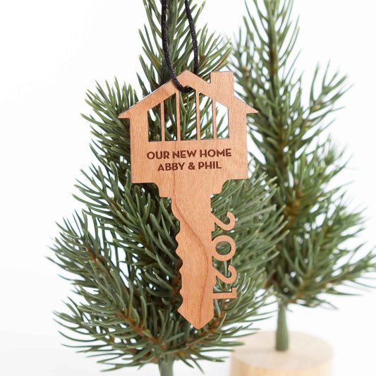 Custom Wood Ornaments - New Home Key Laser Cut and Laser Engraved in Cherry Wood by LeeMo Designs in Bend, Oregon