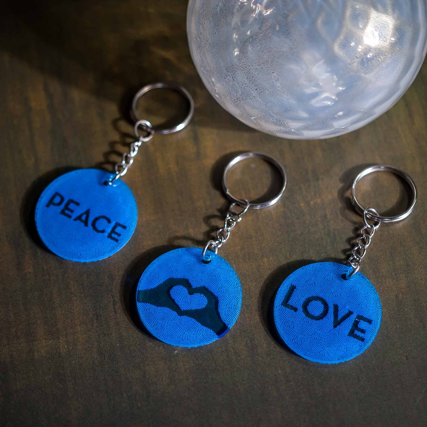 Peace & Love Acrylic Keychains - Blue Acrylic - pray for ukraine - by LeeMo Designs in Bend, Oregon