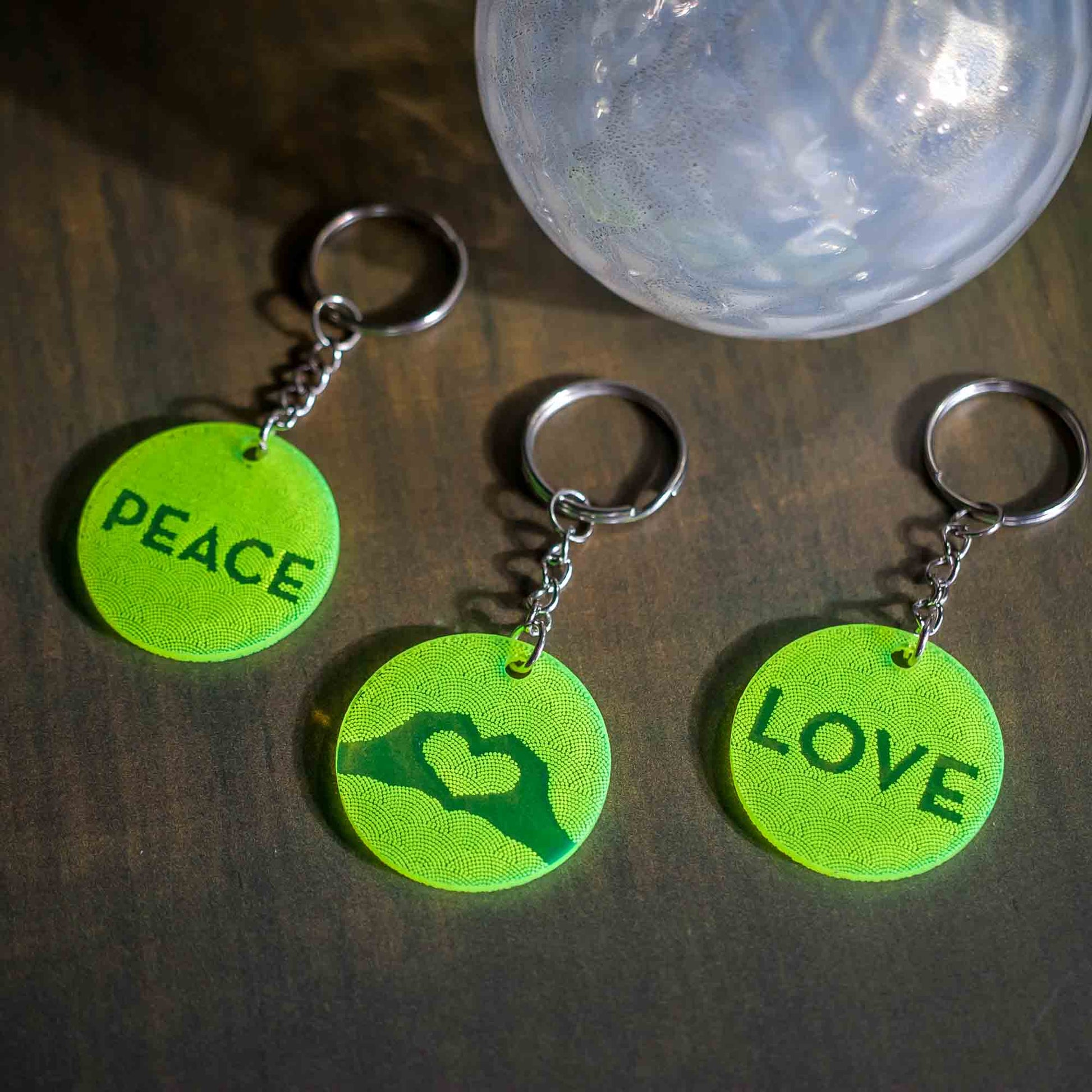 Peace & Love Acrylic Keychains - Fluorescent Green Acrylic - pray for ukraine - by LeeMo Designs in Bend, Oregon