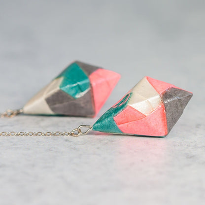 Origami Diamond Paper Earrings - Peach Teal White Gray - By LeeMo Designs in Bend, Oregon
