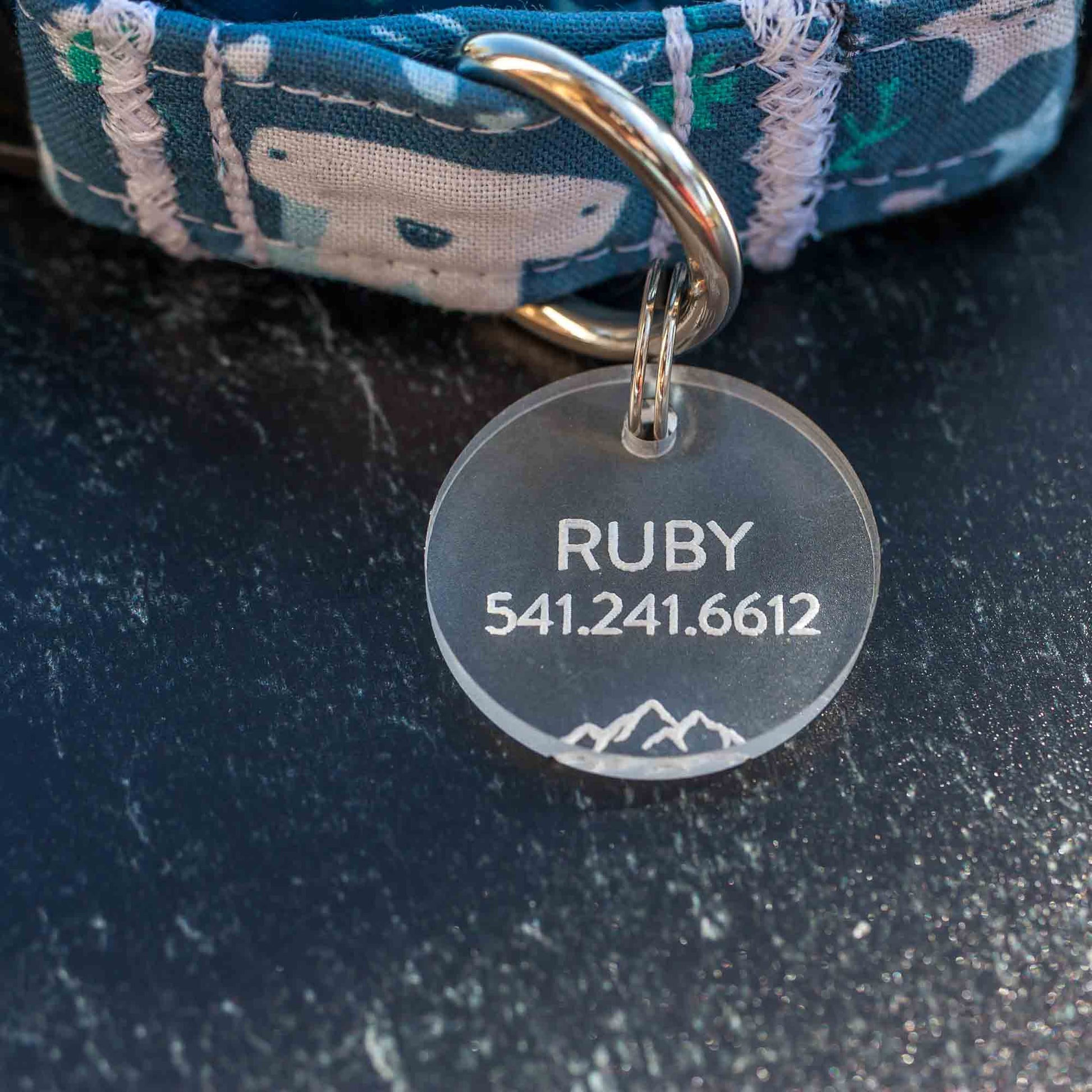 personalized pet tag - engraved acrylic mountain design, clean font on custom collar by dog pack collars - by LeeMo Designs in Bend, Oregon