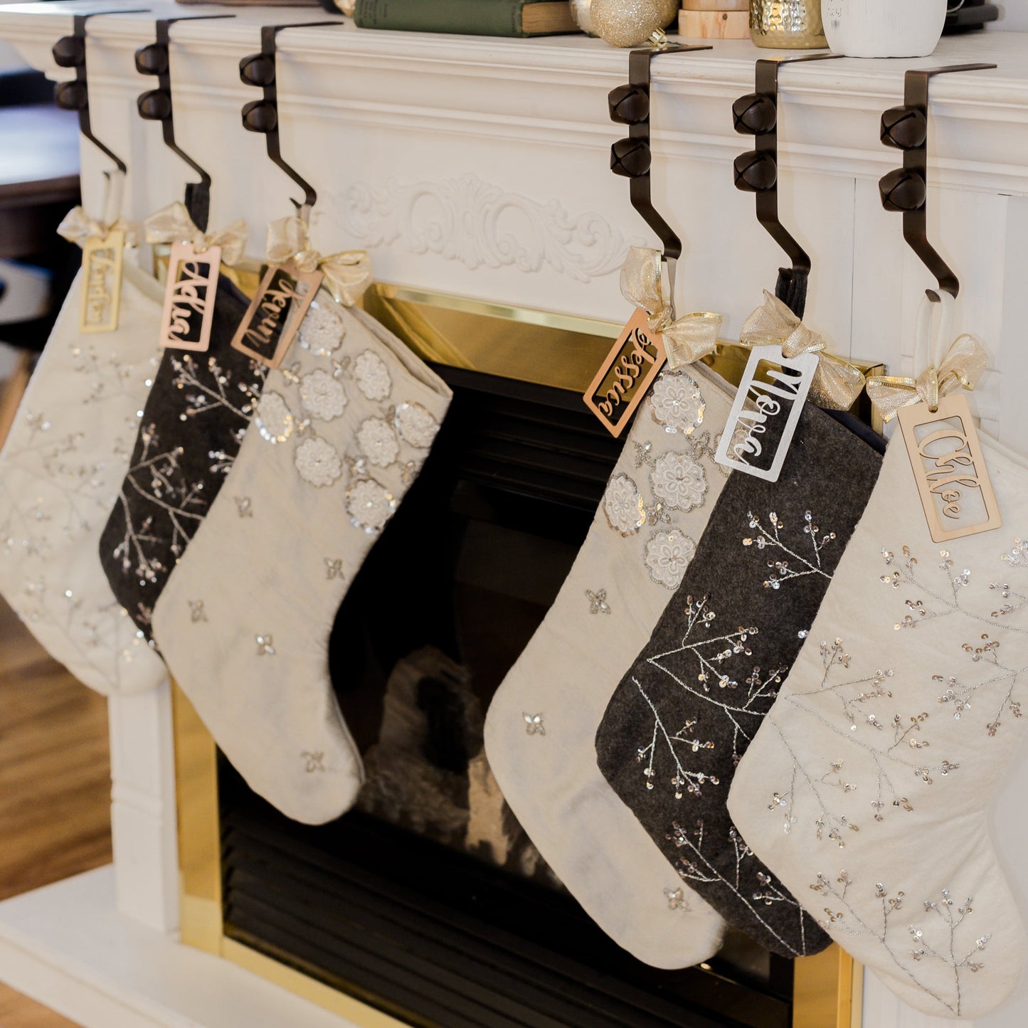 Personalized Wooden Stocking Tags, Script Font - Laser Cut Wood hanging on stockings on fireplace mantel - by LeeMo Designs in Bend, Oregon