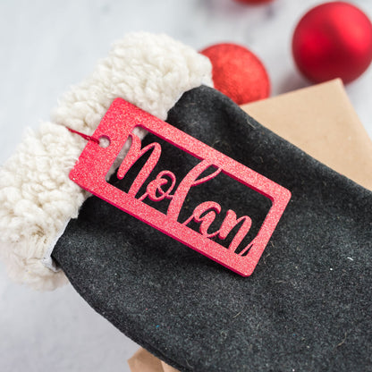 Personalized Wooden Stocking Tags, Script Font - Red Glitter Laser Cut Wood - "Nolan" - by LeeMo Designs in Bend, Oregon