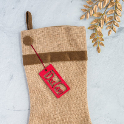 Personalized Wooden Stocking Tags, Script Font - Red Glitter Laser Cut Wood - "Declan" - by LeeMo Designs in Bend, Oregon