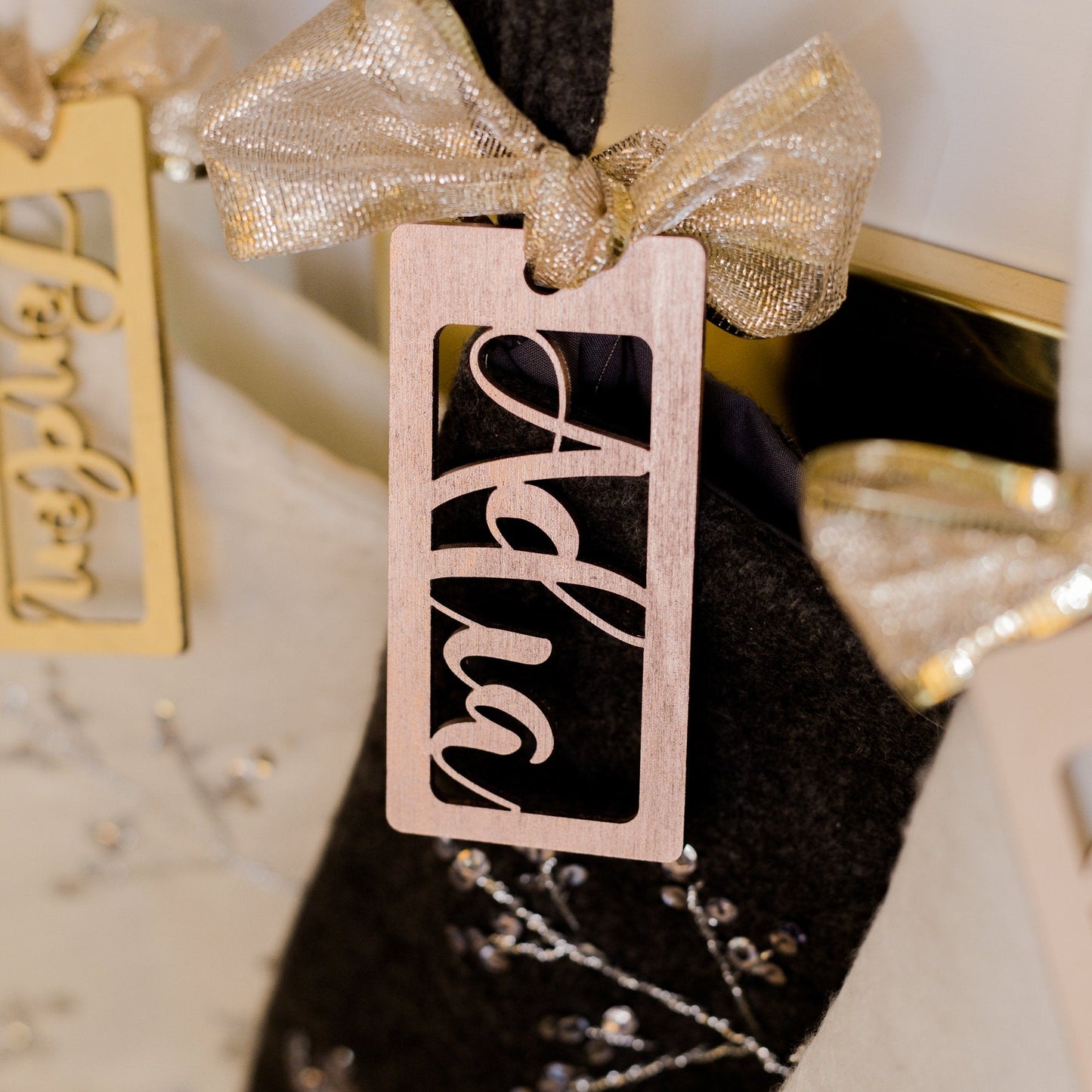 Personalized Wooden Stocking Tags, Script Font - Rose Gold Laser Cut Wood - "Adia" - by LeeMo Designs in Bend, Oregon