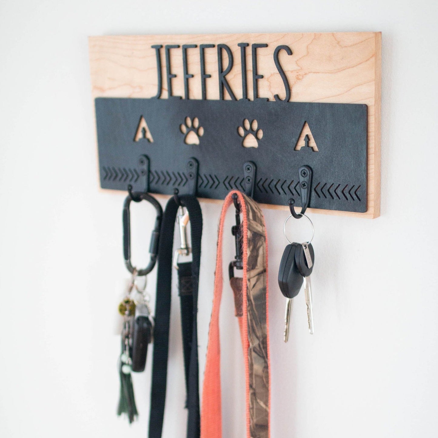 Personalized Key & Leash Holder - Laser Cut Wood with custom initials and name mounted on hardwood - by LeeMo Designs in Bend, Oregon