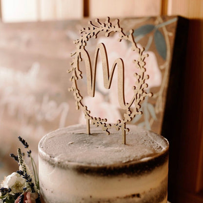 Personalized Laser Cut Cake Toppers by LeeMo Designs in Bend, Oregon | Wreath with 'M' Initial in Champagne Gold