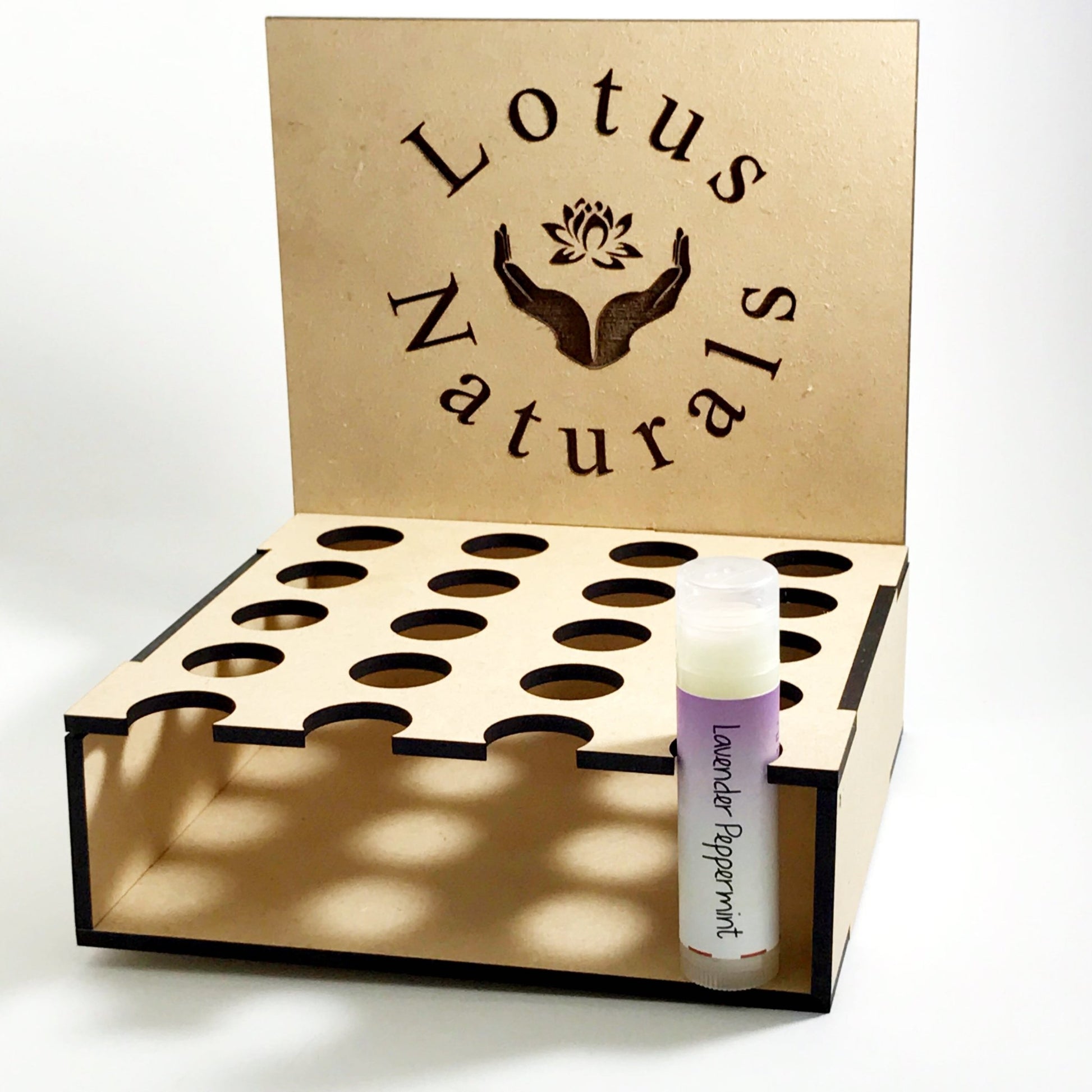 Custom Lip Balm Display Boxes - 20 Lip Balms - Lotus Naturals with one balm in display by LeeMo Designs in Bend, Oregon