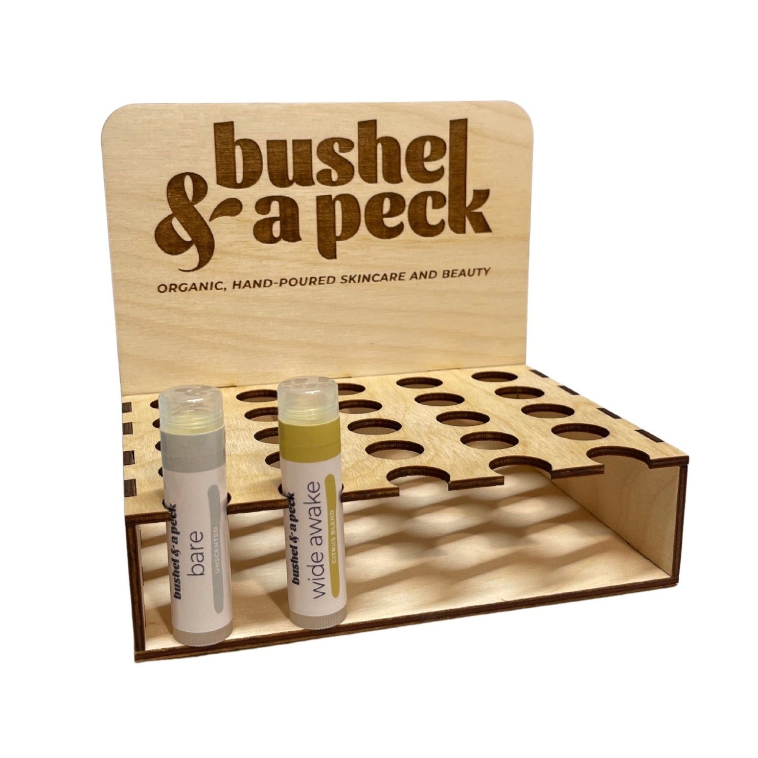 Custom Lip Balm Display Boxes - 25 Lip Balms - Bushel & A Peck Skincare with 2 lip balms in display by LeeMo Designs in Bend, Oregon
