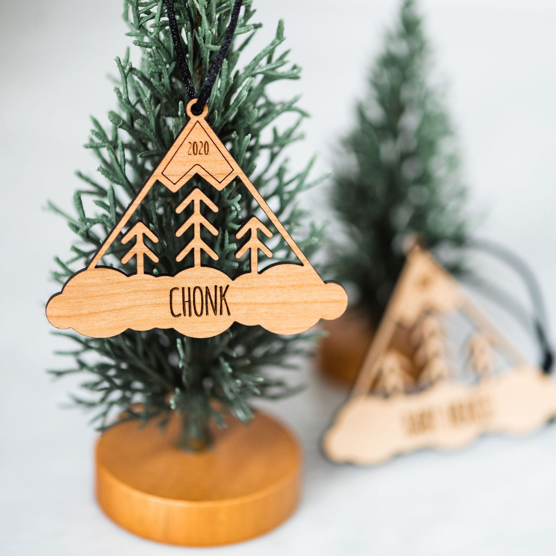 Custom Wood Ornaments: Mountain - Laser Cut and Laser Engraved Cherry Wood by LeeMo Designs in Bend, Oregon