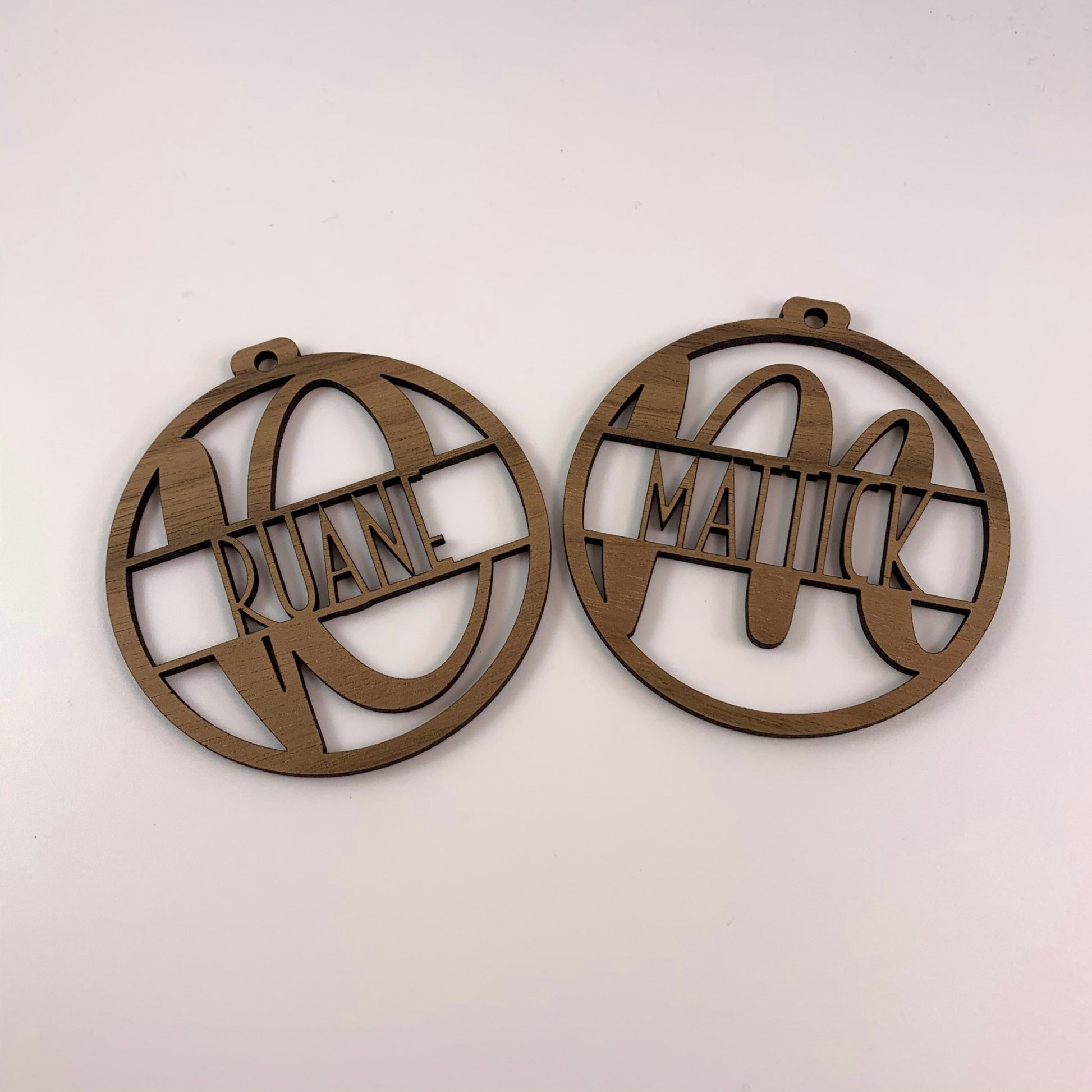 Custom Wood Ornaments: Split Monogram - Laser Cut and Laser Engraved Walnut Wood by LeeMo Designs in Bend, Oregon