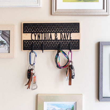 Personalized Key Holder - Laser Cut Wood with geometric triangle design and name mounted on hardwood - by LeeMo Designs in Bend, Oregon