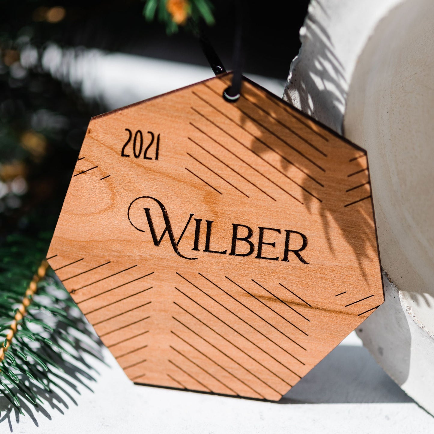 Custom Wood Ornaments: Heptagon Lines - Laser Cut and Laser Engraved Cherry Wood by LeeMo Designs in Bend, Oregon
